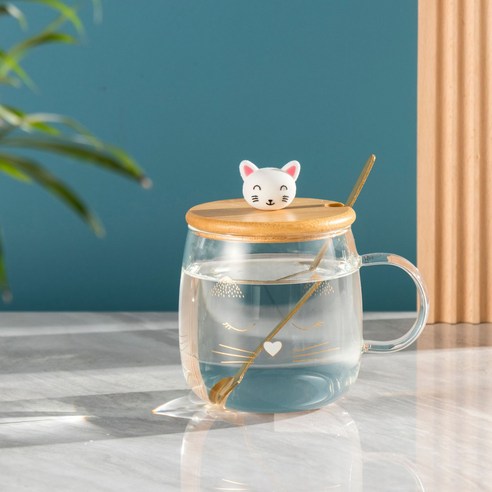 귀여운 고양이 빨대 유리컵 고안치 아침컵 유리 도매대 실리콘 뚜껑 물컵 인쇄 가능 로고, 귀여운 고양이 B형 [나무 덮개+도금 스푼], 400ml