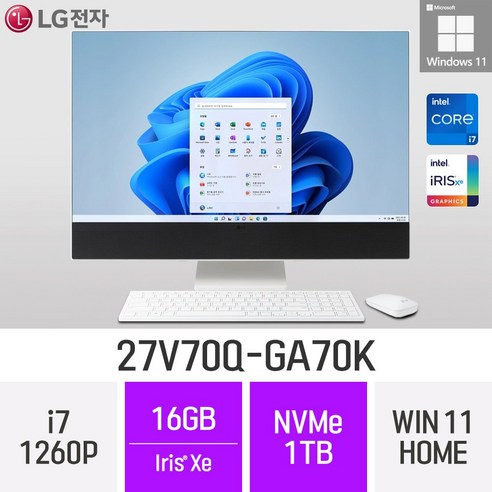 lg올인원pc LG 일체형PC 27V70Q-GA70K 윈도우11 27인치 인텔 12세대 사무용 인강용 재택근무용 일체형PC, 16GB, Win11 Home, 1TB