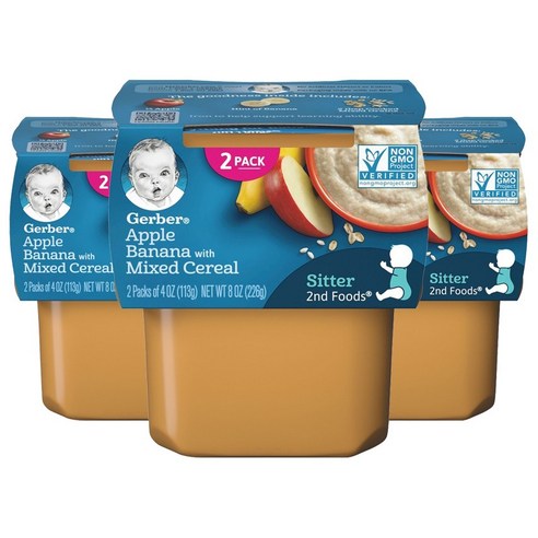 거버 비타블록 어린이 액상 식품 113g 2개입, 사과 & 바나나 + 믹스 시리얼(Apples & Bananas + Mixed Cereal), 226g, 3개