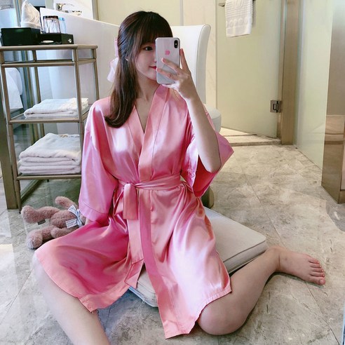 DFMEI-Y 일본 기모노 잠옷 봄과 여름 반팔 잠옷 여성 순수한 색상 얇은 매화 목욕 가운 여성 대형 홈, S, DFMEI F-핑크