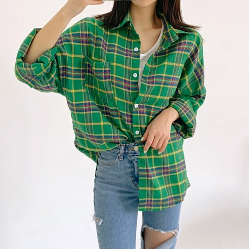 퍼니걸스 3934 데일리 루즈핏 배색 체크 셔츠 남방 여성의류