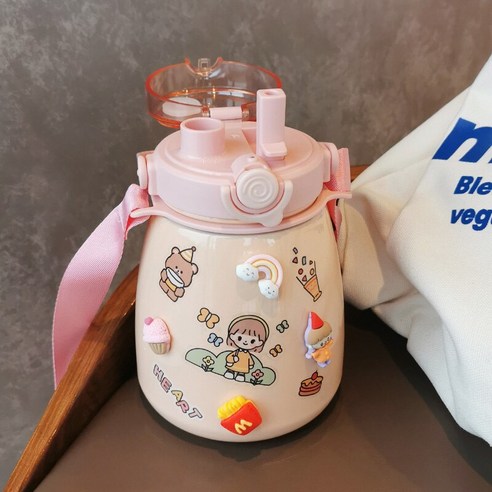 smy더블 마시는 보온병 컵 여성 학생 대용량 물 컵 휴대용 큰 배꼽 컵 어린이 주전자 남성 귀여운 컵, 색깔3, 하나