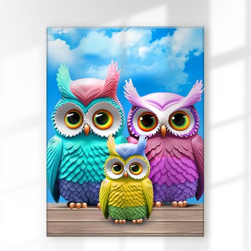 엔픽아트 캔버스형 보석십자수 40x50cm, MK035 동물 컬러풀 부엉이 가족, 1개