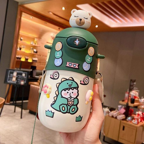 [LM] 500ml 곰 스티커 보온병 스테인레스 스틸 절연 뜨거운 음료 컵 밀짚 선물, {"크기":"500ml"}, Green B