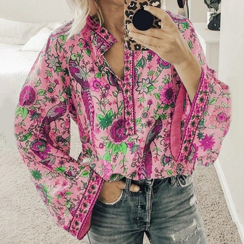 여성 레이스 업 프린트 Boho 블라우스 빈티지 랜턴 긴 소매 블라우스 셔츠 chic V-neck 버튼 블라우스 탑스