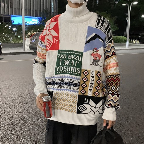 DFMEI 가을 겨울 터틀넥 스웨터 남자의 홍콩 스타일 스타일 스웨터 유행 느슨한 모든 경기 커플 코트