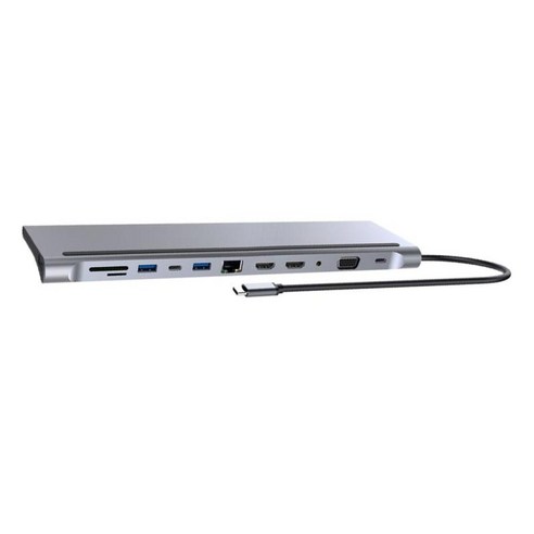 USB C 어댑터 4K 허브 12포트(USB 3.0 포트 2개 포함) TF 카드 리더기 4K, 25x8x1.5cm, 실버, 알루미늄