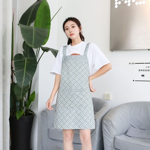 DFMEI 더블 앞치마 밀크티 숍 멜빵 주방 방모녀 앞치마, 바게트 민소매 앞치마 그린
