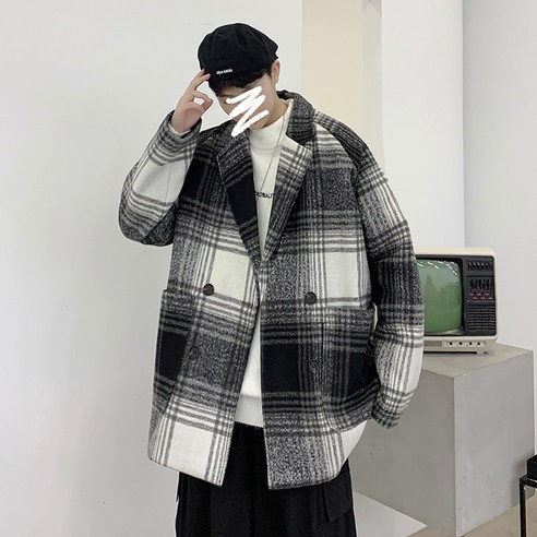 남겨울 남성 모직 코트 보이핏 인스타그램 루즈핏 체크 코트 홍콩풍 캐주얼 트렌드 재킷