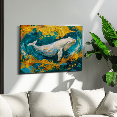 아트앤코 돈 들어오는 고래 캔버스 그림 75x50cm 풍수지리 인테리어 대형 액자, AT3108 골드오션 화이트 웨일
