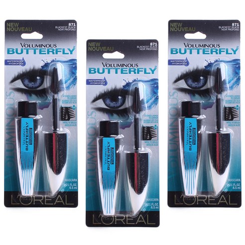 로레알파리 볼류미너스 버터플라이 마스카라 워터프루프 6.5ml, Blackest Black, 3개