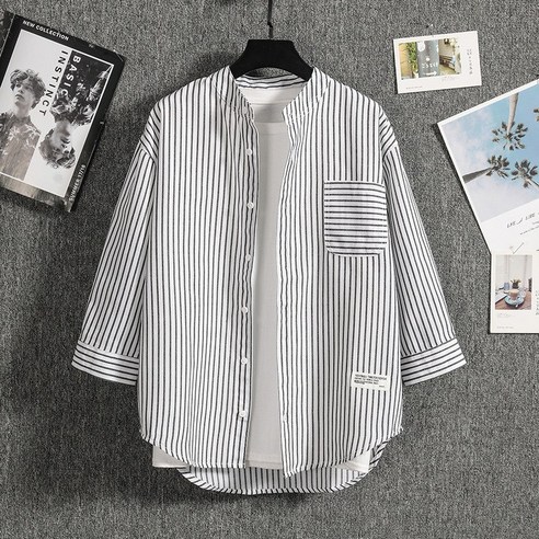 DFMEI 미나토 스트라이프 셔츠 남트렌드 셔츠 루즈핏 캐주얼 여름 남성 인스라이너옷감