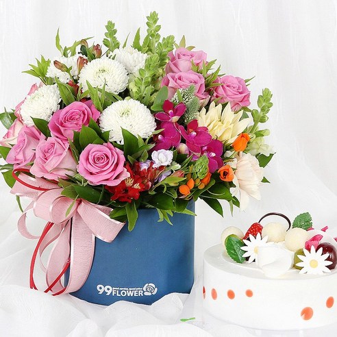 99플라워 (당일수령) 마음의 꽃상자 + 케익 [ST-B466] - 전국 꽃배달 서비스 꽃상자 케익 선물 당일배송 생화 생신 생일 축하 기념일 장미