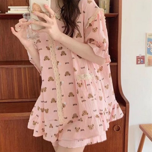 주디앤 여성 로맨틱 레이스 반팔 파자마 상하의 세트
