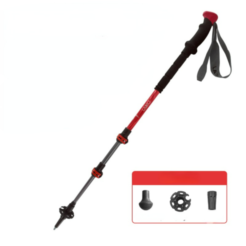 초경량 야외 스포츠 등산 지팡이 3 절 신축 알루미늄 합금 탄소 지팡이 하이킹 등산 지팡이, 붉은 알루미늄 합금, 63-130cm