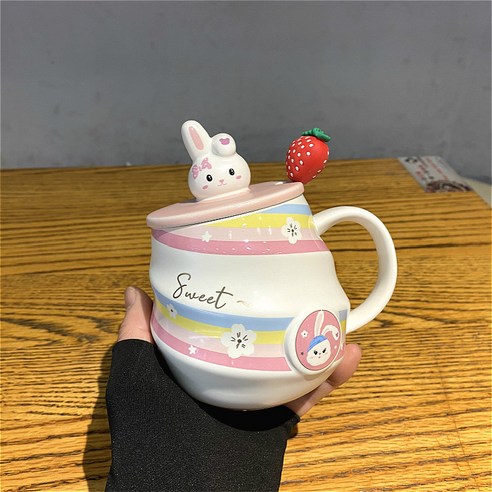 [다나에]홈 세라믹 머그잔 아침 우유 커피 잔, 리틀 블루 모자-딸기 숟가락, 420ml