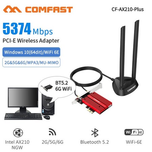 휴대용 와이파이 에그 포켓와이파이 Comfast5374Mbps WiFi 6E PCIE 무선 어댑터 블루투스 52 인텔 AX210 트라이 밴드 24G5Ghz PCI Express 8, 2. 러시아, 1. CF-AX210Plus