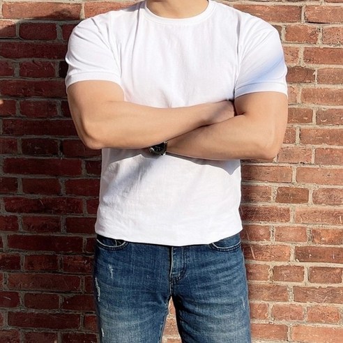 어깨 넓어보이는 머슬핏 무지 라운드 반팔 티셔츠 밴딩버전