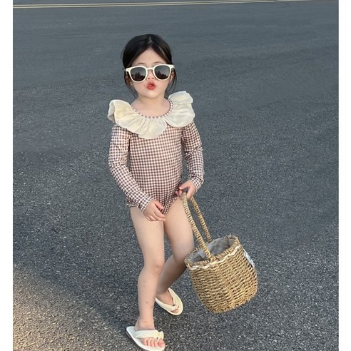비치플로우 어린이 여자 체크모노키니 수모포함