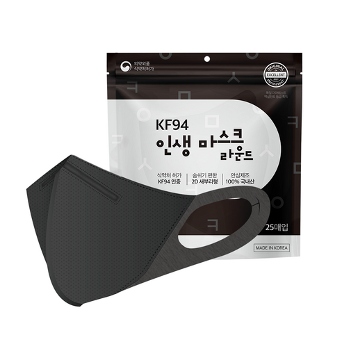 인생라운드 KF94 귀편한 마스크 컬러, 100매, 블랙, 중형(M)