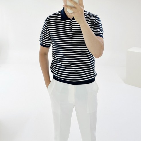 아도르클래식 제이 라운드 스트라이프 3버튼 헨리넥 카라 2컬러 봄 여름 시원한 니트 반팔티