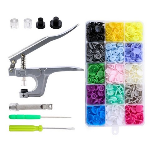 봉제 및 제작을위한 스냅 펜치 도구가있는 15 가지 색상 T5 플라스틱 스냅 키트, 하나, 보여진 바와 같이