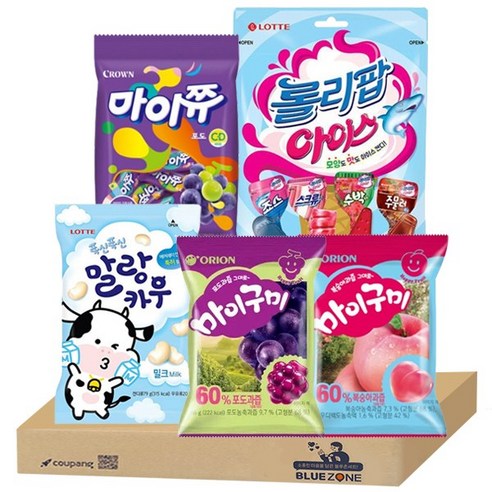 몽땅젤리 5종세트 (말랑카우 우유+마이쮸포도+롤리팝 아이스캔디+마이구미 포도+마이구미 복숭아)