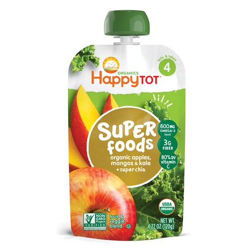 해피토트 슈퍼푸드 어린이 스무디 120g, 사과 + 망고 + 케일 + 슈퍼 치아(Apples + Mangos + Kale + Super Chia), 1개