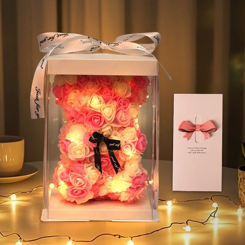 EVOKME 장미꽃곰돌이 로즈베어 장미곰돌이 플라워곰 led 조화 꽃다발 기념일 생일 결혼 신혼 선물 인테리어조화, 1개, 화이트 핑크