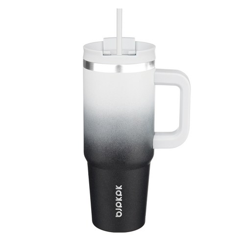 bjpkpk 스테인리스 스틸 핸들 보온컵 빨대 포함, 그라데이션 화이트 + 블랙, 1개, 900ml