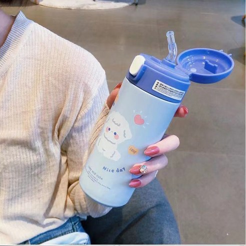 한국판 보온병 여성용 빨대 컵 성인용 고가 컵, 블루 380ml, 싱글 컵