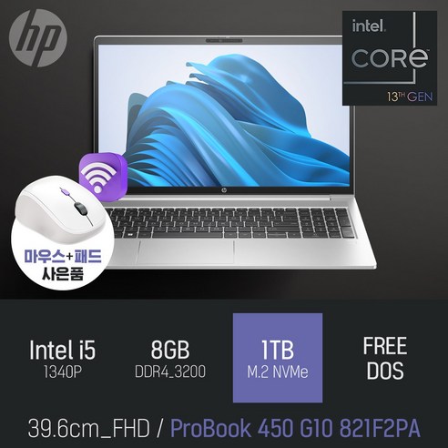 HP ProBook 450 G10 821F2PA / 주식 문서작업 사무용 인강용 [ 무선마우스 증정], Free DOS, 8GB, 1TB, 코어i5, 실버