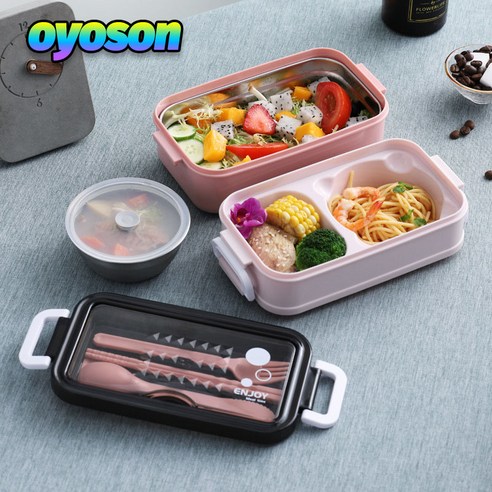 oyoson 점심 도시락 칼붙이 휴대용 도시락을 가진 304 스테인리스 겹켜 절연제 도시락 다층 학생 구획 도시락, 코랄 핑크