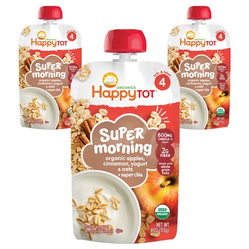 해피토트 슈퍼 모닝 어린이 스무디 113g, 사과 + 계피 + 요거트 + 오트 + 슈퍼 치아(Apples + Cinnamon + Yogurt + Oats + Super Chia), 3개