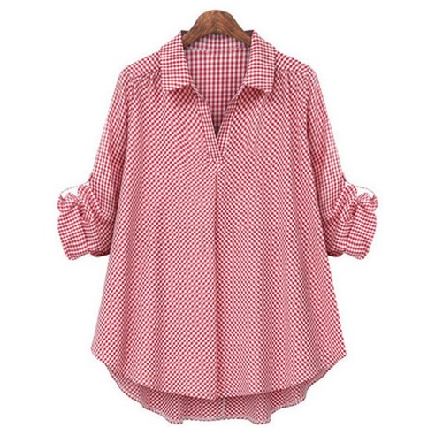 여성 체크 긴팔 셔츠 뱃살커버 언발 블라우스 L-4XL SFW0801015
