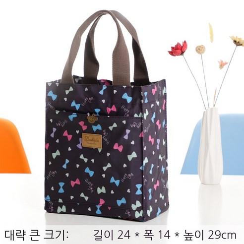 Coolife 보온 도시락 단열 도시락 가방 두꺼운 알루미늄 호일 방수 캔버스 도시락 가방 핸드백 도시락, 블랙 보우