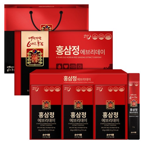 순수식품 6년근 홍삼정 홍삼 스틱 2박스(60포)+쇼핑백 면역력, 300g, 2개 
홍삼/인삼