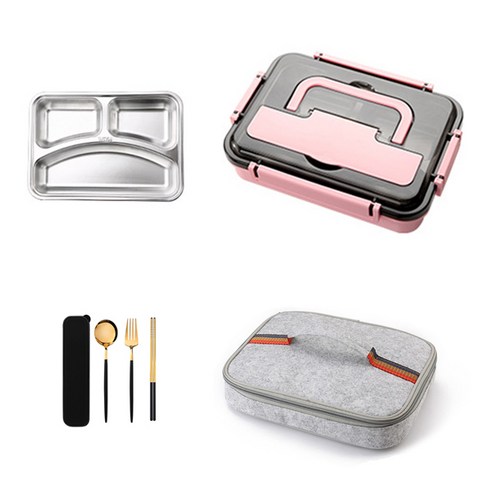 [LM] TUUTH 1500ML Stainless Steel Lunch Box Heating Portable Bento Box Food Containers with Bag Tabl, Pink-3-Set