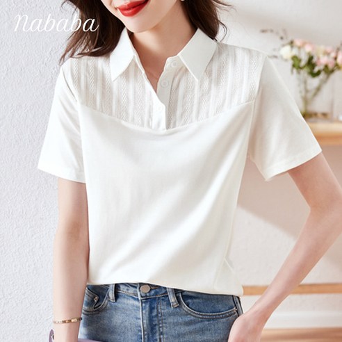 나바바 NT743 여성 로맨틱 데일리 심플 카라 반팔 티셔츠