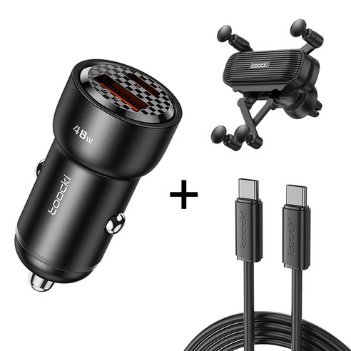Toocki 48W USB-C+USB+A 듀얼 포트 고속 차량용 충전기, 블랙(거치대와 케이블 포함)
