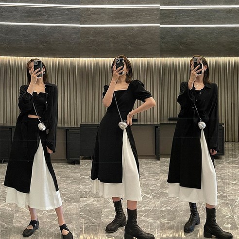 YANG 한국어 스타일 검은 드레스 여름 새로운 흑백 스티치 서스펜더 조끼 쿨 유행 작은 블랙 드레스 시리즈