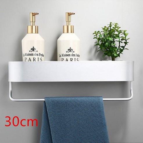 [SW] 30/40/50 cm 벽 선반 샤워 바구니 스토리지 랙 블랙 주방 욕실 선반 수건 바 로브 후크 욕실 액세서리, {"크기":"하나"}, 30cmsilverbar