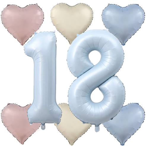 파파 파티 대형 하늘색 숫자 풍선 세트 기념일 생일, 1세트, 하늘 18 + 크림 하트 6p