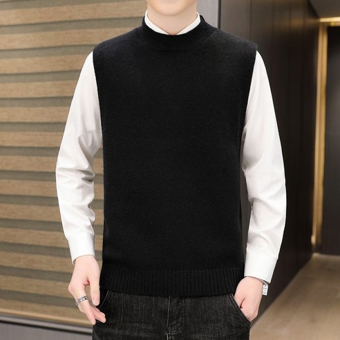 가을과 겨울 남자 라운드 넥 스웨터 느슨한 트렌디 남성 스웨터 홍콩 스타일 민소매 블랙 스웨터 화이트