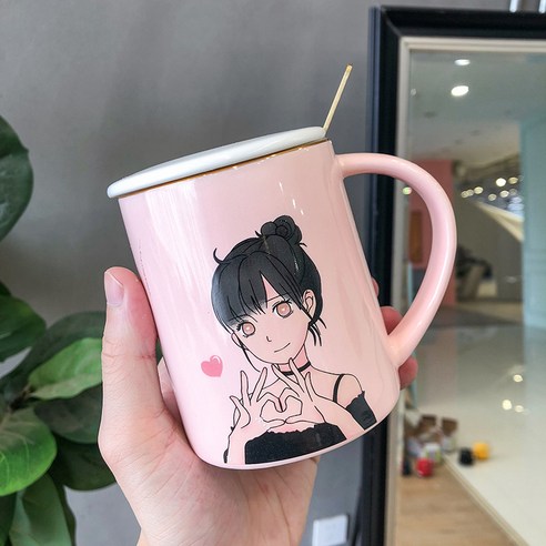 사랑스러운 만화 남녀 두상 커플 도자기 컵, 단발머리, 450ML