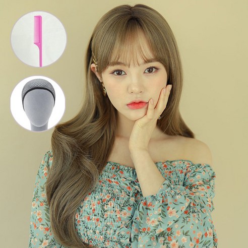 [가발매니아] 허쉬펌 65cm 수제통가발 프론트레이스 전체가발 긴머리+가발망1개+꼬리빗 1개, 카키베이지
