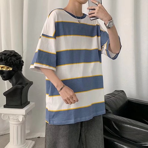 DFMEI 복고풍 일본식 간단한 스트라이프 반팔 티셔츠 남자의 홍콩 스타일 느슨한 유행 대비 색 커플 일곱 분 소매 티셔츠