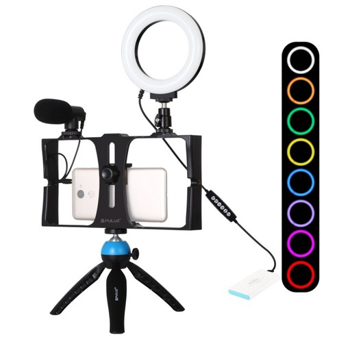 PULUZ 방송장비 세트 (카메라 케이지+마이크+링라이트RGB+삼각대), 블루