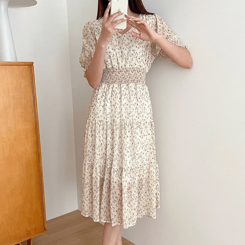 타니즈 라피스 허리밴딩 플라워 캉캉 플레어 반팔 롱 원피스