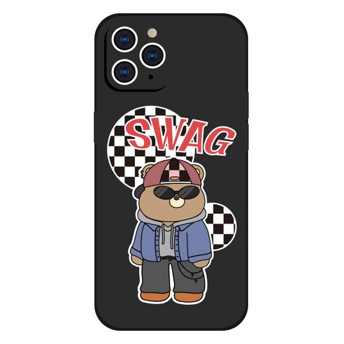 핫티몰 멋쟁이 체크 패턴 곰돌이 프린팅 블랙 젤리 휴대폰 케이스